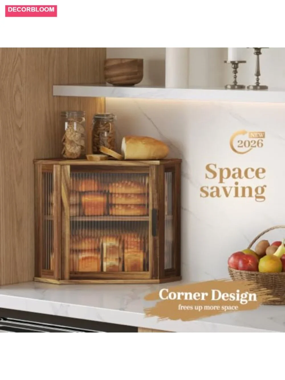 Acacia Wood Corner Bread Box for Kitchen Countertop, Large Capacity w/ Magnetic